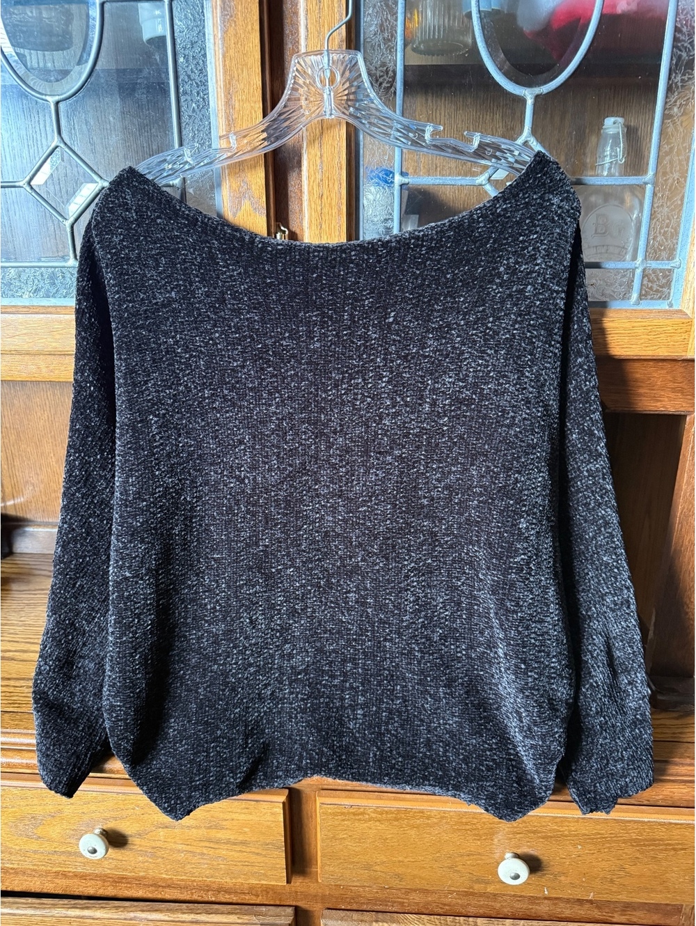 Zara Knit Chenille Off Shoulder Sweater L Charcoal Black Slouchy Dolman Sleeve